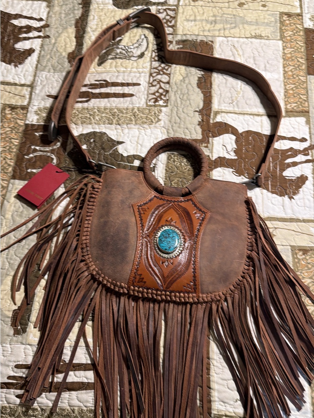 Brown Fringe Leather Crossbody Bag with Turquoise Accent